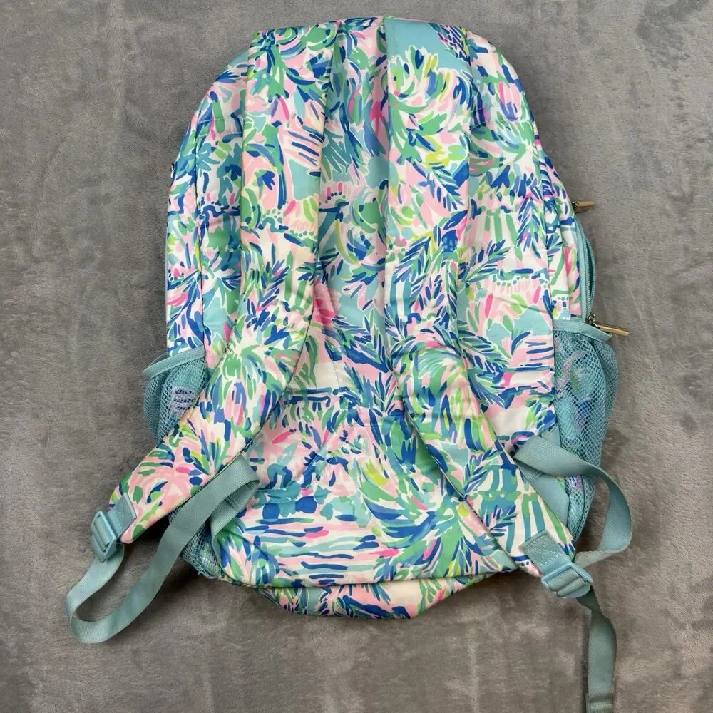 Lilly Pulitzer Tropical Floral Backpack Blue Pink Green Gold Logo